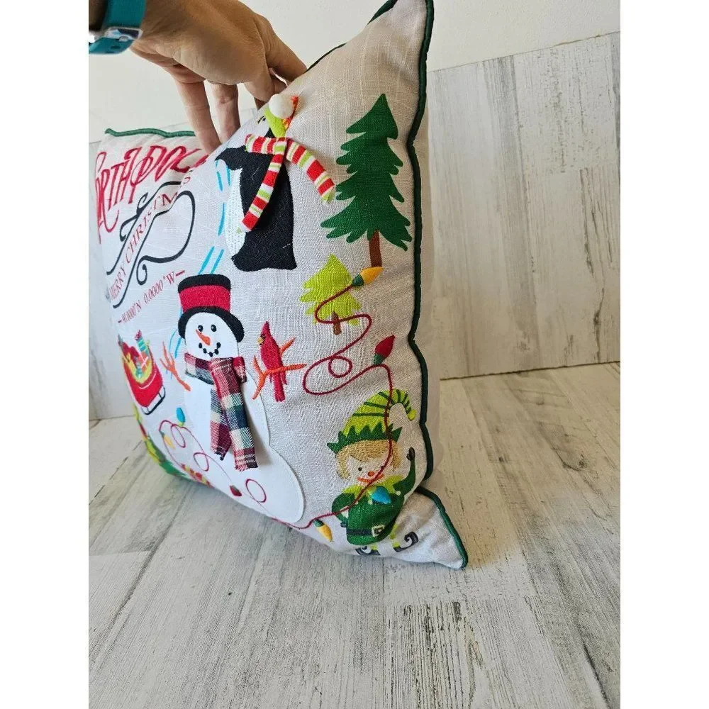 Pier 1 embroidered Xmas snowman North Pole penguin elf pillow decor Xmas 14x14 i